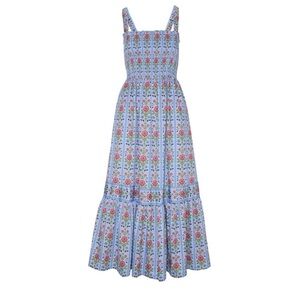 Hill House Anjuli Nap Smocked Cotton Midi Maxi Dress Blue Floral Block Stripe